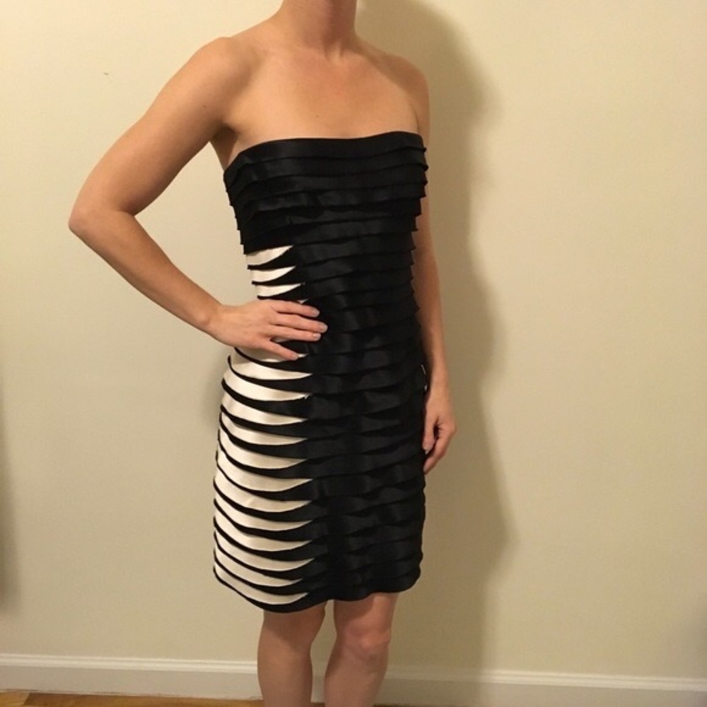 BCBGMazAzria Black & White Tiered Cocktail Dress